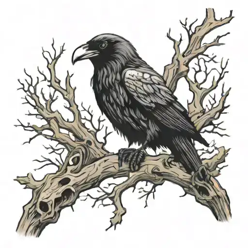 raven with skull and a dead tree  tattoo design idea