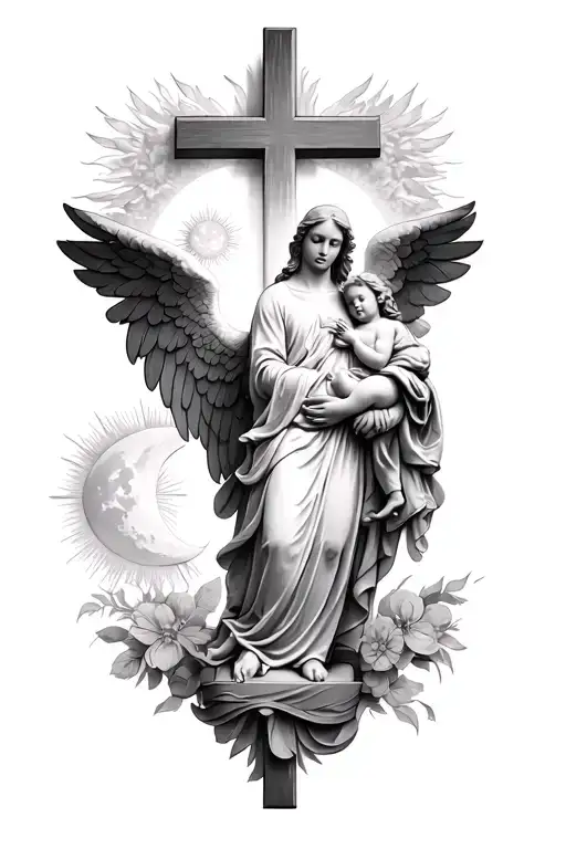 Create a tattoo with a cross with angel standing in front of it holding a baby with the sun and moon.  tattoo design idea