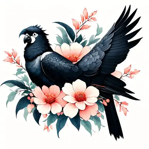 Fine Line Floral Bouquet Of Flowering Gum and black cockatoo Cosmos Tattoo tattoo design idea