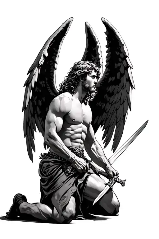 kneeling male angel with broadsword facing to their right. realistic design tattoo design idea