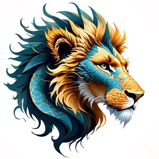 libra zodiac sign, lion face, dragon wrapped tattoo design idea