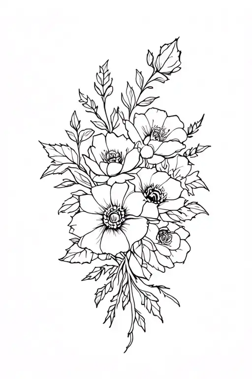 bouqet of roses, waterlillies, poppys, and holly flowers  tattoo design idea