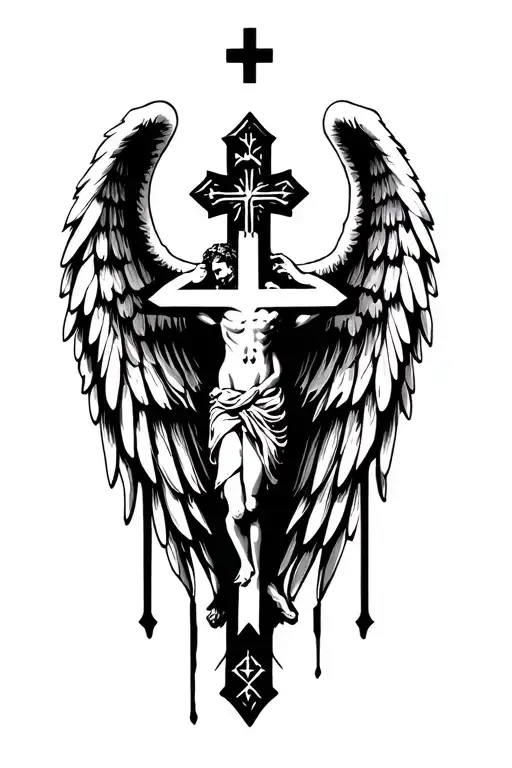 I want a religious tattoo on my chest and left sleeve the tattoo should be like cross Jesus angel wings  tattoo design idea