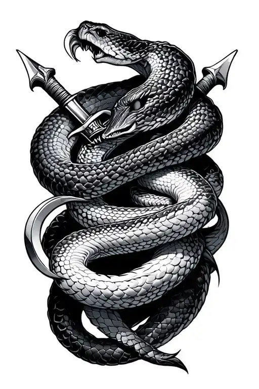 Snake and swords around the neck tattoo design idea