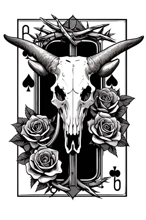 playing cards with a longhorn skull, a revolver with roses surrounding, a cross with a thorn crown. tattoo design idea