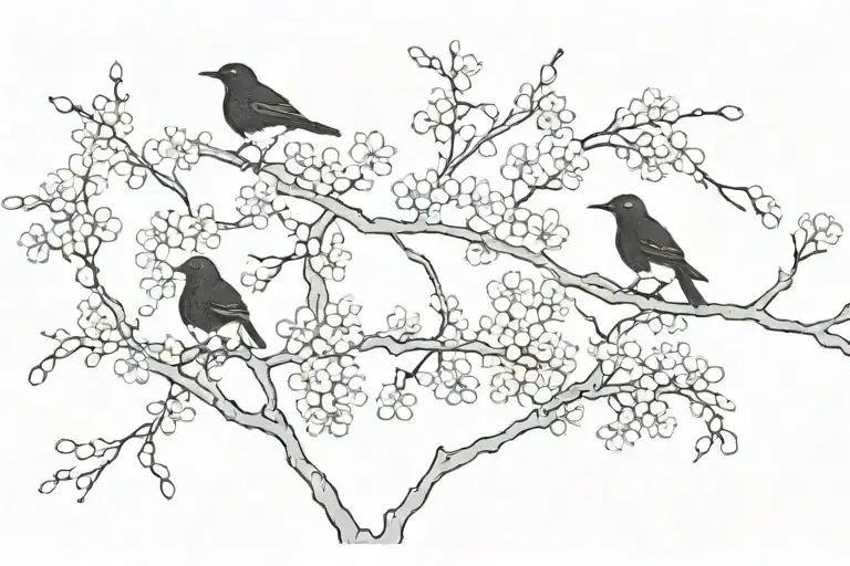  three small black birds silhouetted against a delicate cherry tree branch with white blossoms  tattoo design idea