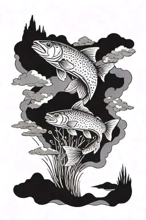 A detailed blackwork tattoo of a majestic trout jumping out of the water, with a backdrop of the New Mexico desert landscape tattoo design idea