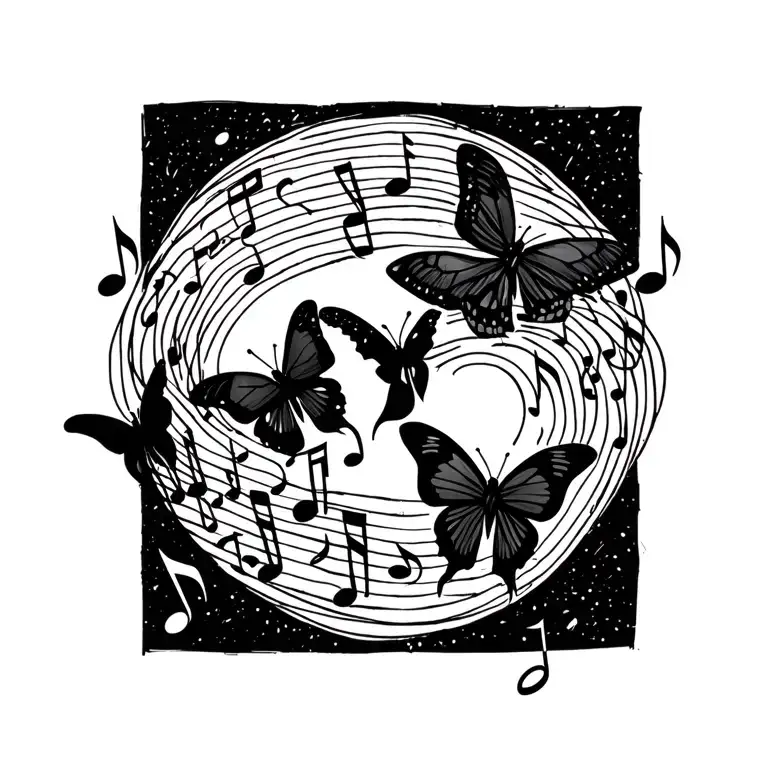 3 butterflies floating along music notes intertwined simple outline tattoo design idea