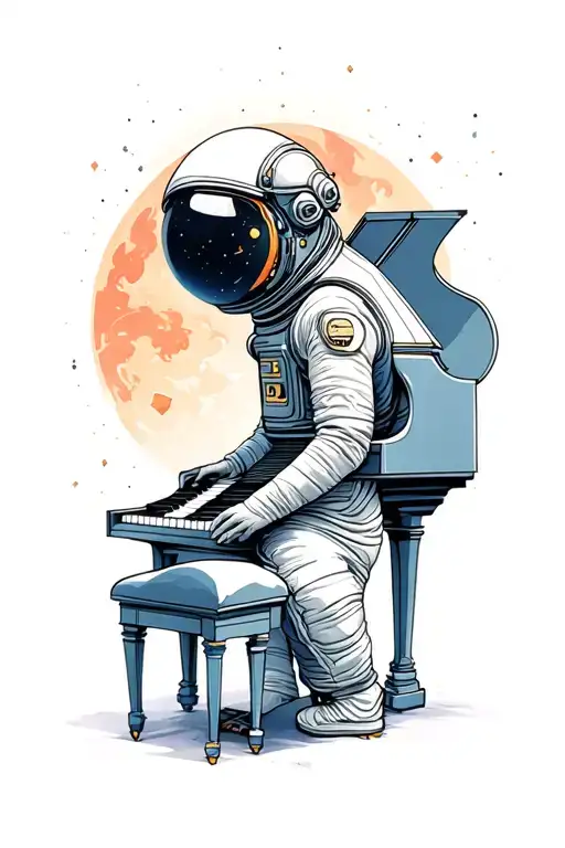 astronaunt playing a piano in space tattoo design idea