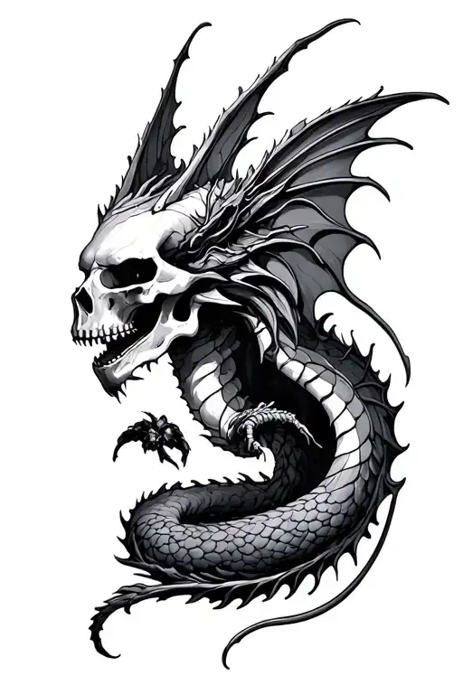 Dark mythical, fairytale scene, dragon, fairy, skull tattoo design idea