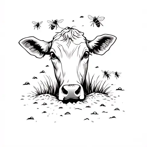 a cows head popping out of the ground from a burrow like hole, with bees buzzing around it's head  tattoo design idea