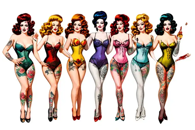 NSFW.  Seven vintage pinup women as the Seven Deadly Sins. Each wears a colorful deadly sin themed lingerie: tattoo design idea