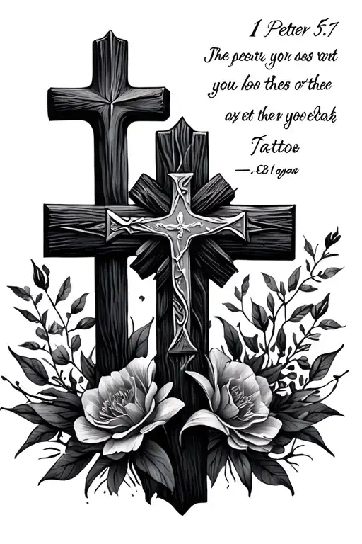cross with 1 Peter 5:7 Bible verse tattoo design idea