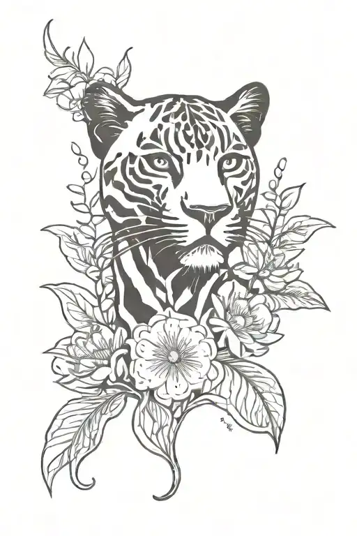 black panther,lunar,Daisy ,sweet pea flowers,blue tattoo design idea