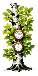 birch tree with green leaves with three timepieces on it tattoo design idea