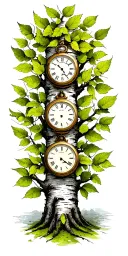 birch tree with green leaves with three timepieces on it tattoo design idea