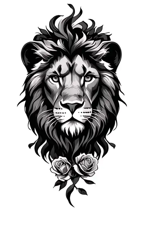 lion face with roses surrounding tattoo design idea
