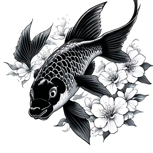 Japanese style ratio of koi fish with cherry blossoms that look manly and goes on shoukder tattoo design idea