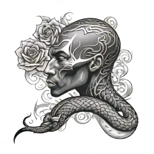 Kobe Bryant black mamba snake wrapped with roses and flames tattoo design idea