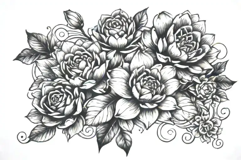Violet, honeysuckle, water lily, rose, daisy chain tattoo design idea