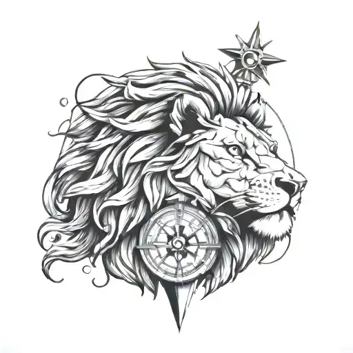 Karabo and a Lion head with compass tattoo design idea