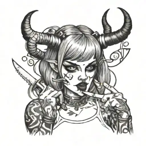 A devil with horns on her head, Alice written on her forehead, licking a knife in her hands. A bob haircut shows a finger tattoo design idea