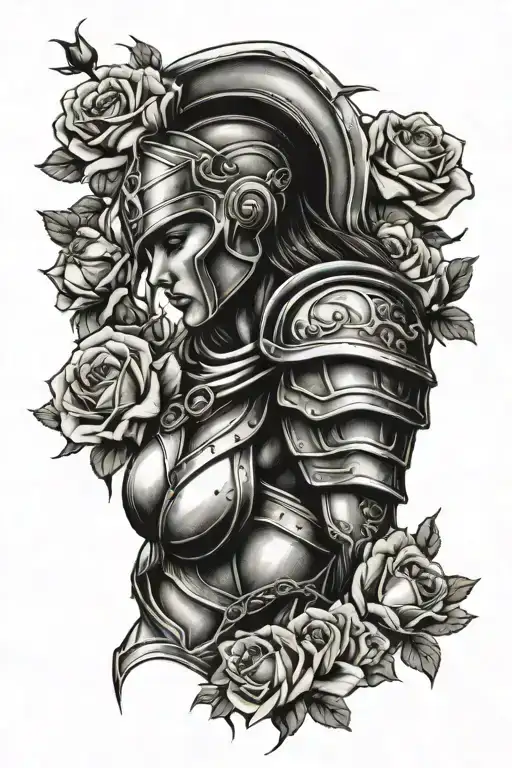 female spartan warrior, roses intertwined tattoo design idea