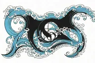 A continuous line of vibrant blue waves where Each wave curl is a different letter spelling out my wife’s name Casey in tattoo design idea