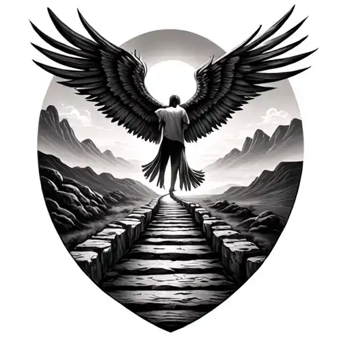 Arm sleeve that visually represents the journey of life as a trail leading to heaven. With areas to honor loved ones  tattoo design idea