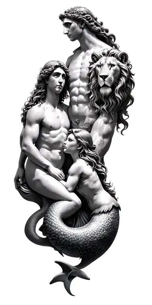 greek god and dolphin and lion and mermaid as a family in grey black and white tattoo design idea