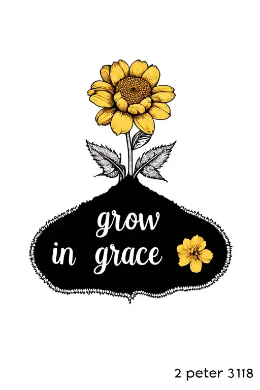says "grow in grace - 2 peter 3:18" that includes a chrysanthemum, a daffodil, a marigold, and a primrose tattoo design idea