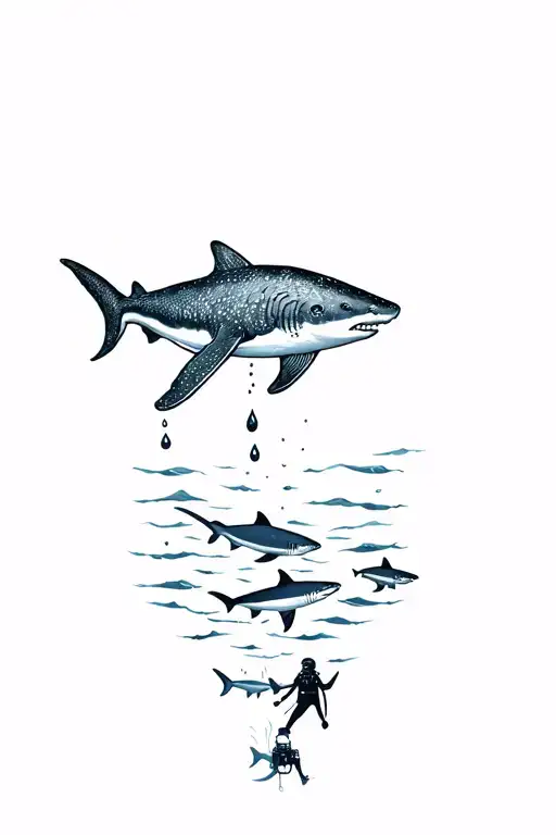 tears drop into ocean and a scuba diver with a whale shark an some sharks tattoo design idea