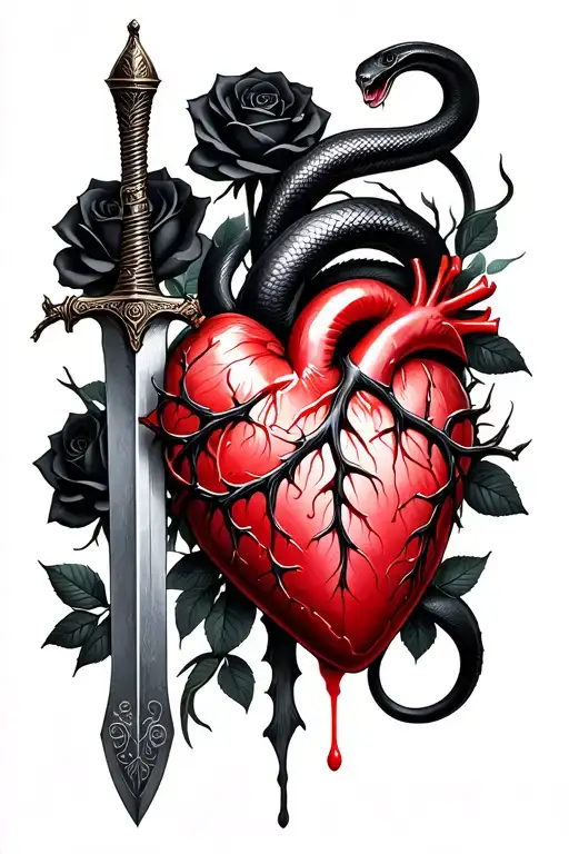 A dagger piercing a realistic bleeding human heart ensnared by black roses with thorns. Add a black mamba wrapped around tattoo design idea