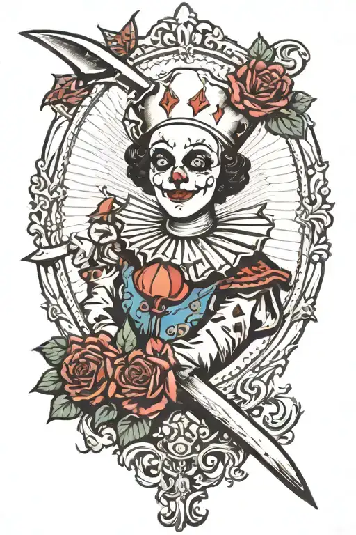 pierrot, pierrot the clown, a dagger with thorns of roses tattoo design idea