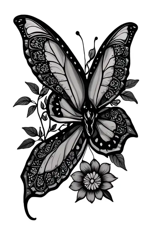 Luna moth with floral and mandala pattern tattoo design idea