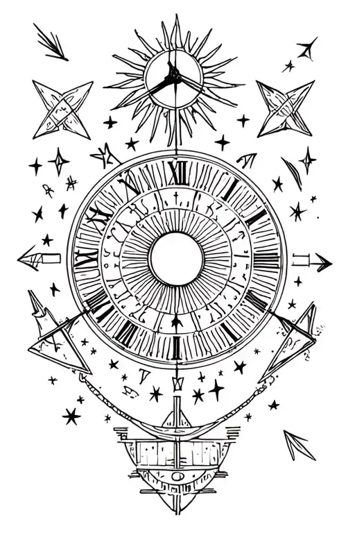 Passage of time with stars and arrows pointing toward different sundials, clocks, and time in an abstract format.  tattoo design idea