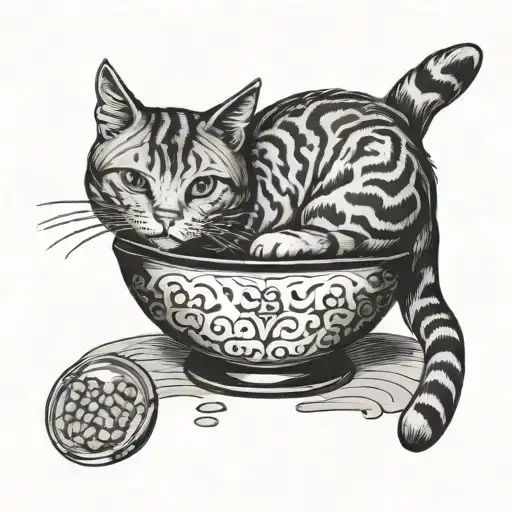 small ignorant art style of a cat laying in a japanese art bowl filled with miso soup  tattoo design idea