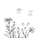 Daisy, penstemon, lily, paw prints tattoo design idea