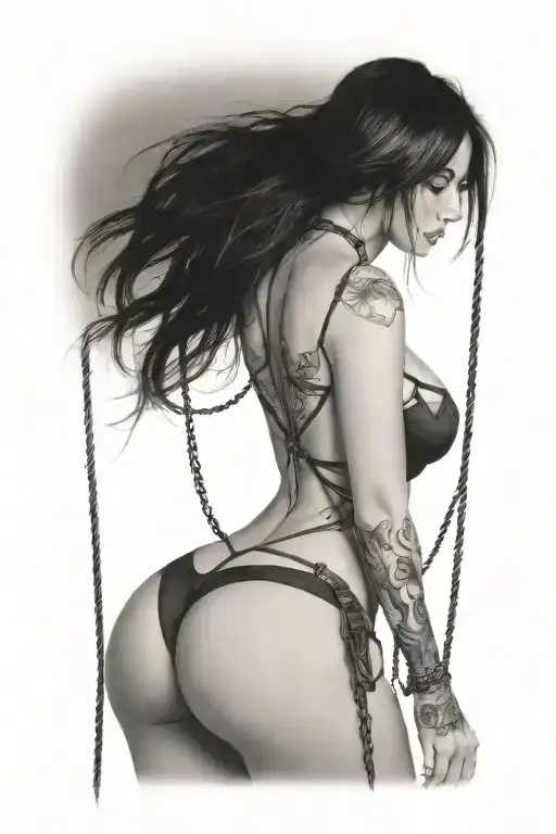 sexy woman in bondage underwear standing facing left tattoo design idea