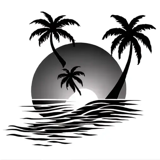 rising sun with palm trees silhouette over waves tattoo design idea