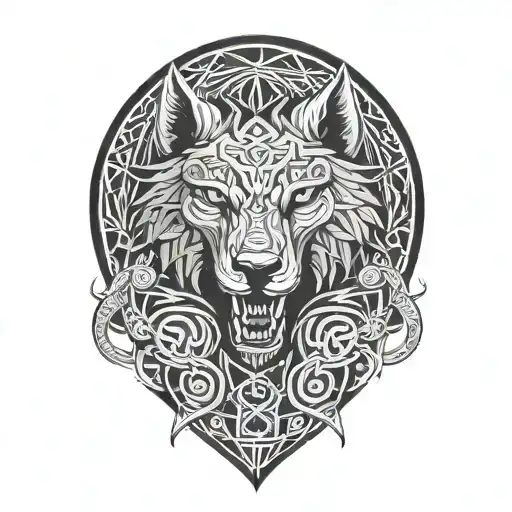 angry fenrir with runes wrapping, nordic skoll and hati tattoo design idea