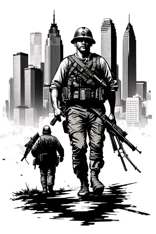Columbus Skyline with soldier walking home from war tattoo design idea