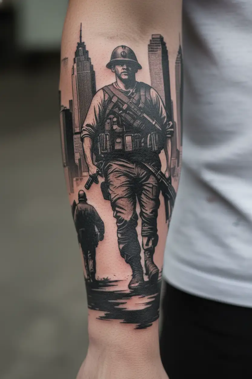 Columbus Skyline with soldier walking home from war tattoo design idea