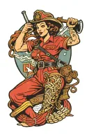 sailor Jerry style firefighter girl holding New York hook tattoo design idea