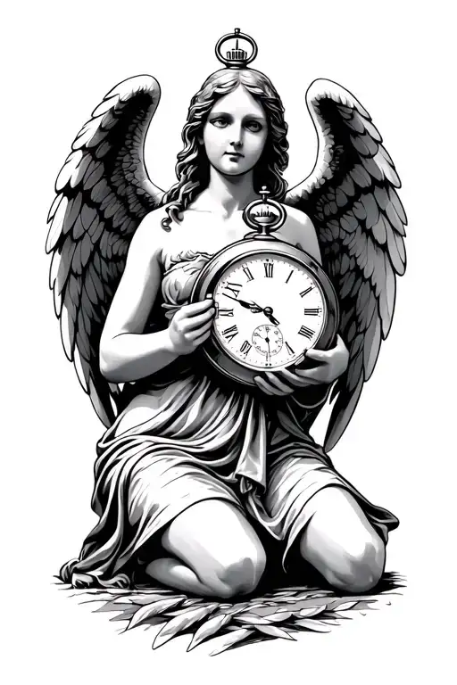 angel kneeling with wings wrapped round holding a pocket watch with two different dates tattoo design idea