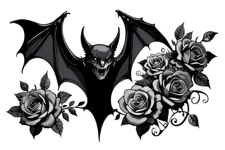 gothic bat surrounded with roses  tattoo design idea