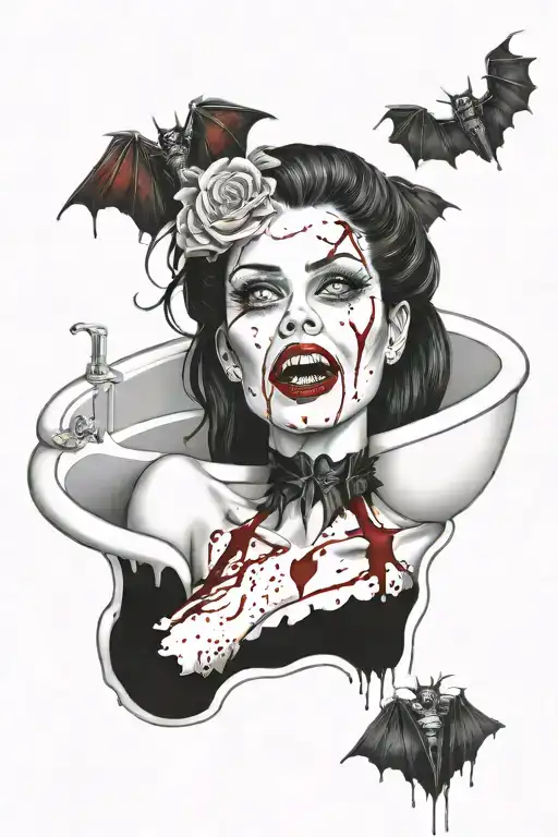 Female vampire in bloody gothic bathtub tattoo design idea