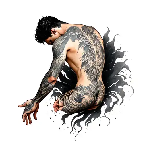 Full back tattoo design, dark and dramatic blackwork style, a floating male figure with head down, face not visible, arm tattoo design idea