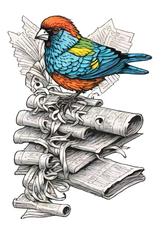 rainbow finch holding shredded crossword puzzle tattoo design idea