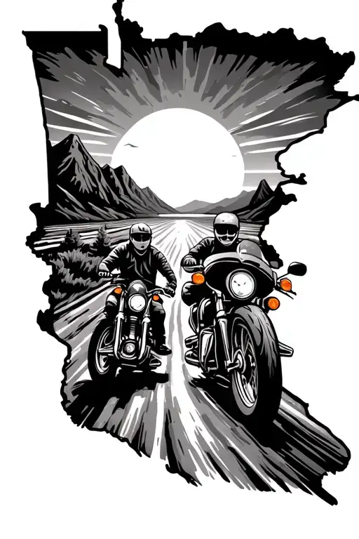 Full back piece two motorcycles riding off into the sunset one side of the back Arizona scenery the other side Minnesota tattoo design idea